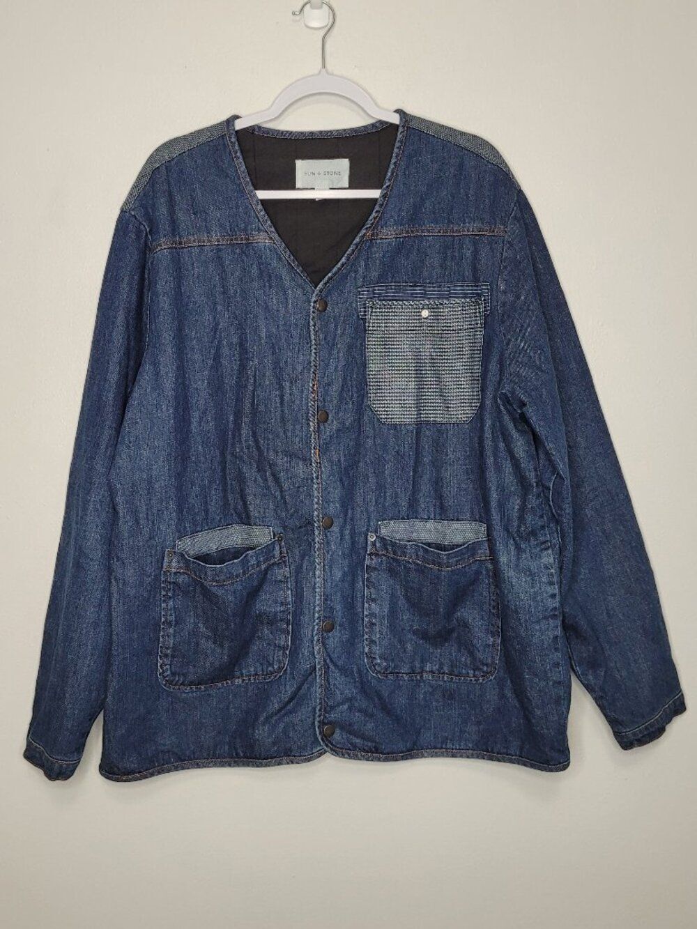Sun + Stone blue lagenlook snap front chore pockets oversized artsy jacket xl